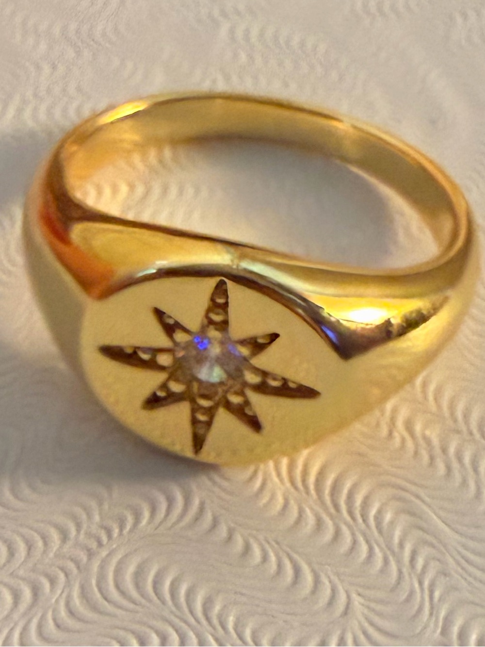 Gold Starburst Signet Ring with Clear Stone size 7